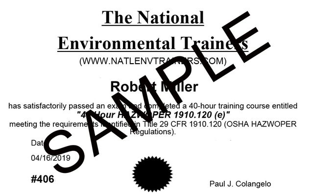 Sample Wallet Size Certificate from National Environmental Trainers