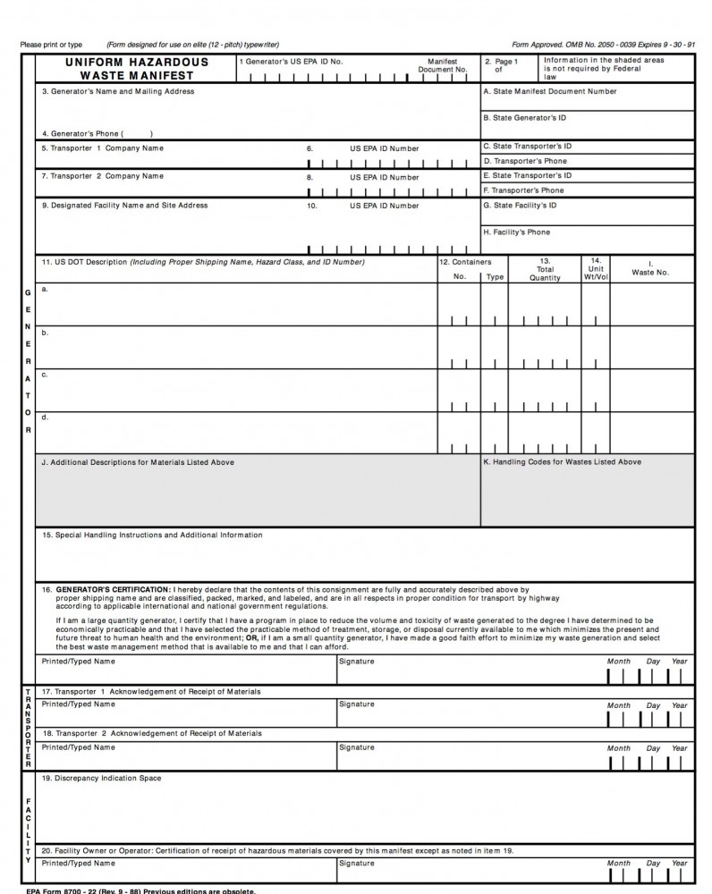 universal hazardous waste manifest that must be completed by generators